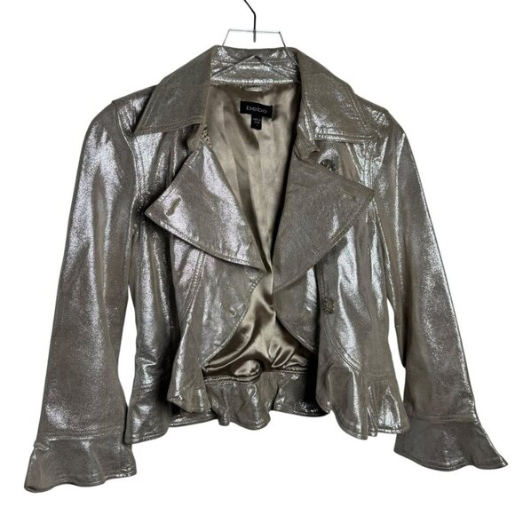 Bebe Women’s Size Small Vintage Y2K Light Gold Leather Peplum Jacket Ruffle Hem - Picture 2 of 9